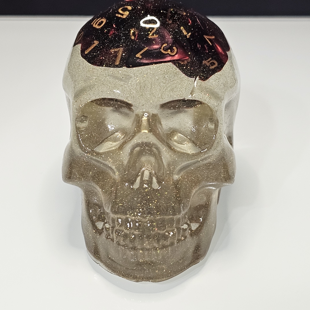 3" Handmade Resin Skull With Gaming Dice and Holographic Glitter